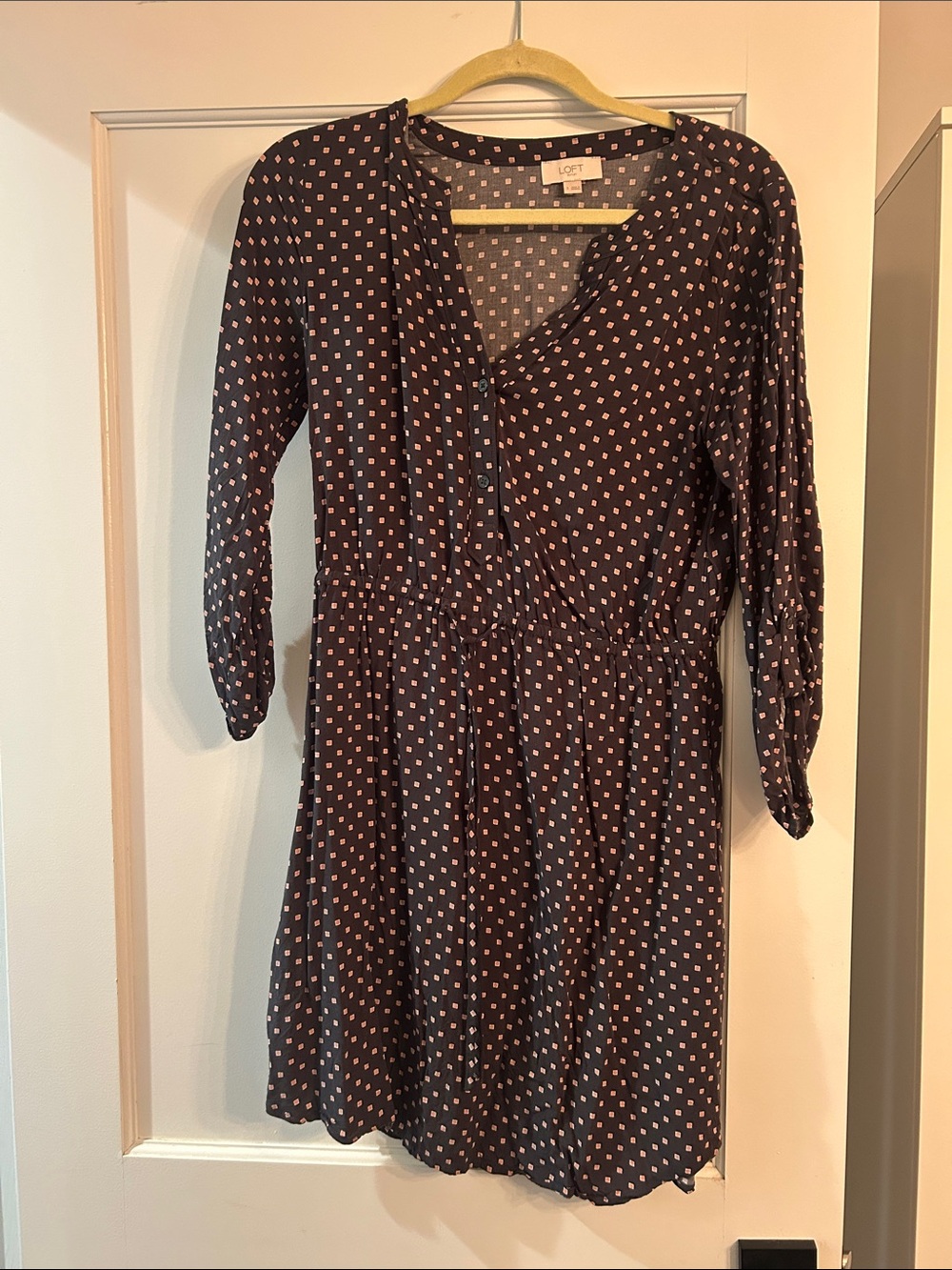 LOFT Navy Dress with Pink Dot Print